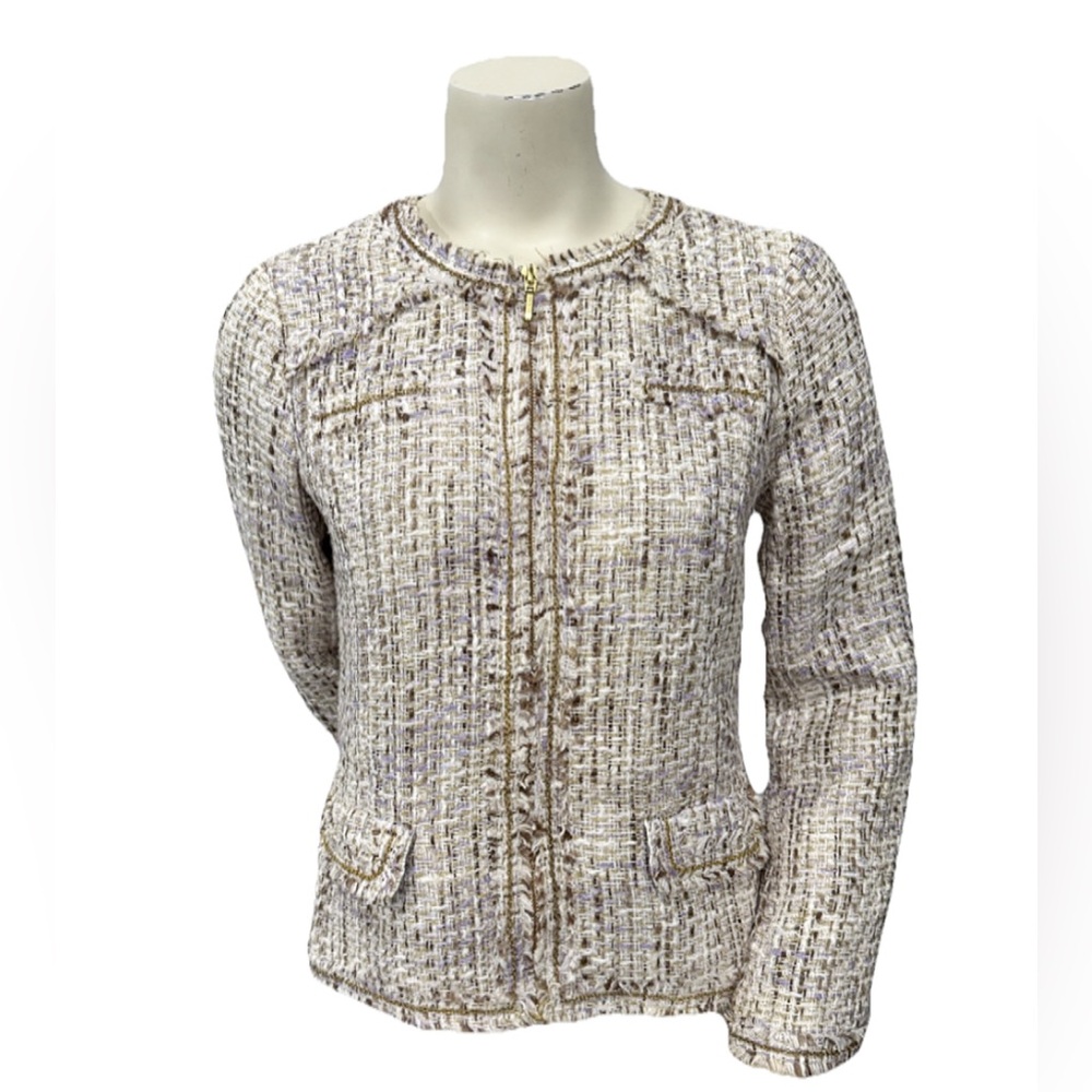 Chico’s Blazer Jacket Golden Tweed Theola Taupe/Lilac Women’s 0 Full Zip Fringe